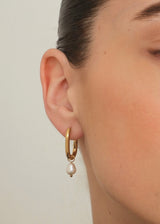 Gold Oval Hoop Earrings with Pearl Drop