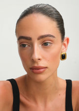 Black Stone Square Stud Earrings with Gold Frame