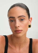 Black Stone Square Stud Earrings with Gold Frame