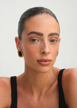 Black Stone Square Stud Earrings with Gold Frame