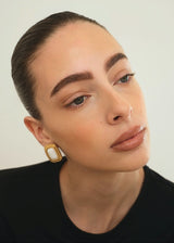 Gold White Stone Square Stud Earrings