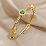 Gold-Tone Green Stone Charm Bangle