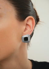 Gold Ripple Square Stud Earrings with Black Stone