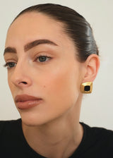 Gold Ripple Square Stud Earrings with Black Stone
