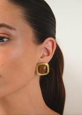 Gold Square Stud Earrings with Amber Brown Stone