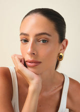 Gold Oval Statement Earrings with Brown Amber Stone