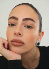 Gold Ripple Square Stud Earrings with Black Stone