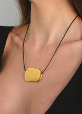 Gold Oval Pendant Necklace with Black Leather Cord