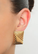 Gold Geometric Square Stud Earrings with Diagonal Ribbed Texture