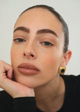 Gold Ripple Square Stud Earrings with Black Stone