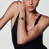 Gold Stainless Steel Analog Wristwatch with Black Dial