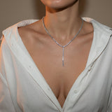 Silver Crystal Tennis Y Necklace with Drop Pendant