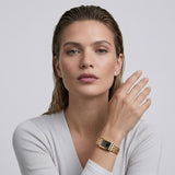 Gold Rectangular Analog Wristwatch with Black Dial