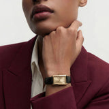 Gold Rectangular Analog Wristwatch with Black Leather Strap