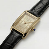 Gold Rectangular Analog Wristwatch with Black Leather Strap