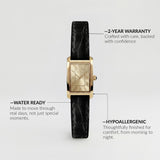 Gold Rectangular Analog Wristwatch with Black Leather Strap
