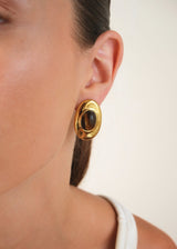 Gold Oval Statement Earrings with Brown Amber Stone