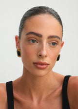 Black Stone Square Stud Earrings with Gold Frame