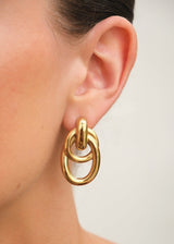 Gold Double Oval Hoop Drop Earrings
