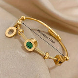 Gold-Tone Green Stone Charm Bangle
