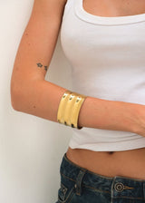 Gold Wide Ribbed Open Cuff Bangle Bracelet