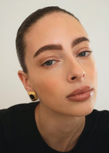 Gold Ripple Square Stud Earrings with Black Stone