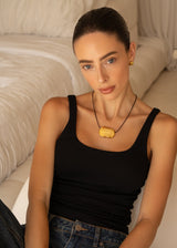 Gold Oval Pendant Necklace with Black Leather Cord