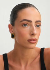 Black Stone Square Stud Earrings with Gold Frame