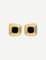 Gold Ripple Square Stud Earrings with Black Stone