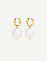 Gold Hoop Earrings with White Round Pearl Drops