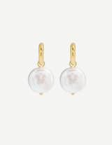 Gold Hoop Earrings with White Round Pearl Drops