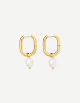 Gold Oval Hoop Earrings with Pearl Drop