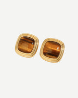 Gold Square Stud Earrings with Amber Brown Stone