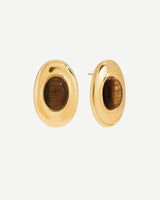 Gold Oval Statement Earrings with Brown Amber Stone