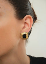 Gold Ripple Square Stud Earrings with Black Stone