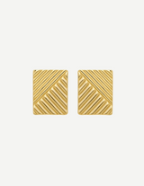 Gold Geometric Square Stud Earrings with Diagonal Ribbed Texture