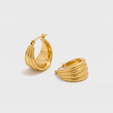 Gold Sculptural Ridged Hoop Earrings with Hinged Closure