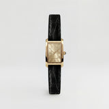 Gold Rectangular Analog Wristwatch with Black Leather Strap