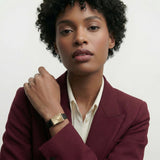 Gold Rectangular Analog Wristwatch with Black Leather Strap