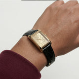 Gold Rectangular Analog Wristwatch with Black Leather Strap
