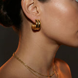 Gold Double Band Hoop Stud Earrings with Layered Design